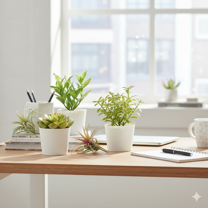 Desk with potted plants and office supplies in a bright room