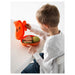 Child opening a lunchbox with food on a white background