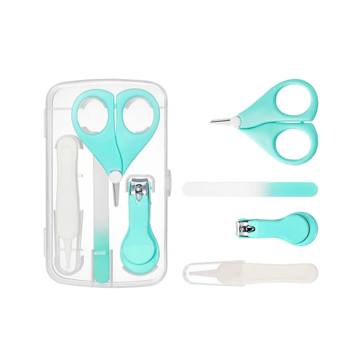 Turquoise nail care set with scissors, clipper, and other tools on a white background