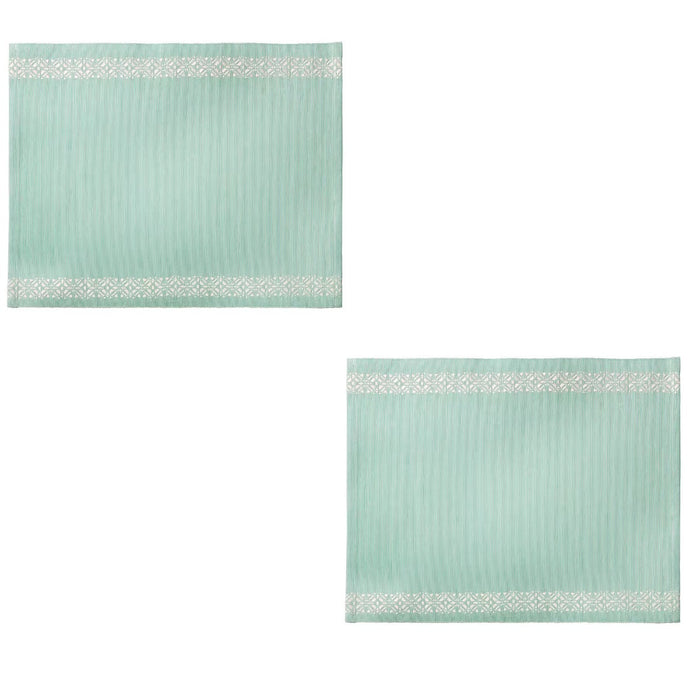 Pack of 2 Embroidered Cotton Place Mat: A light blue place mat with white embroidery along the long sides, creating an elegant geometric pattern.