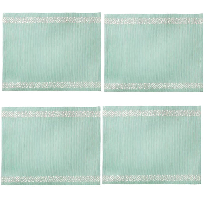 Pack of 4 Embroidered Cotton Place Mat: A light blue place mat with white embroidery along the long sides, creating an elegant geometric pattern.