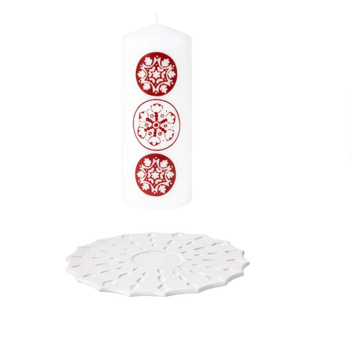 IKEA Unscented block candle, snowflake pattern white/red with Block candle holder 27 cm