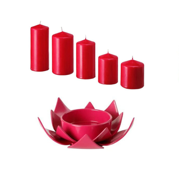 Ikea Unscented pillar candle, set of 5, red with Block candle holder, dark pink Lotus, 40 mm (2 ")
