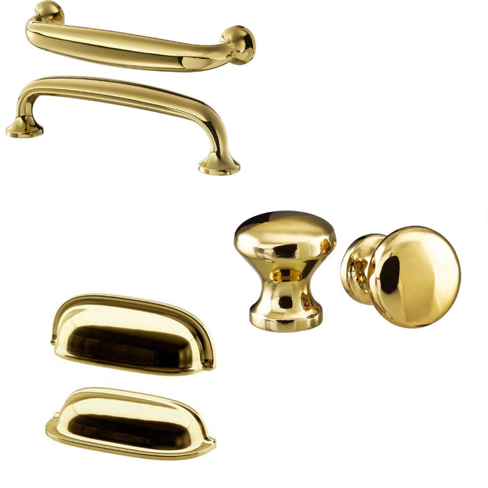IKEA ENERYDA Knob, brass-colour, 27 mm (1 1/16 ") with Handle, brass-colour, 112 mm and Cup handle, brass-colour, 89 mm (3 1/2 ")