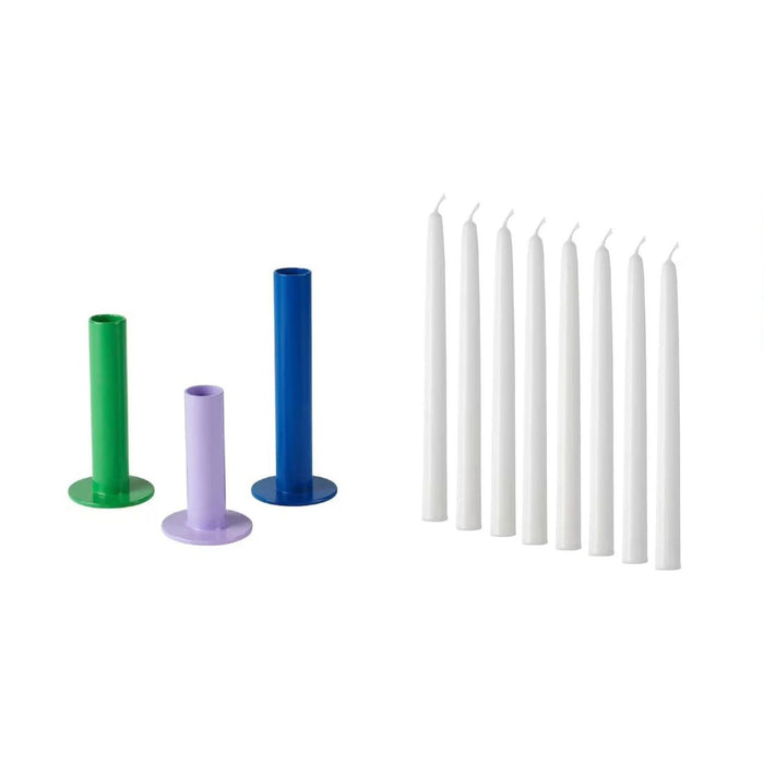 IKEA candle holder, set of 3 mixed colours with Unscented candle, white, 25 cm