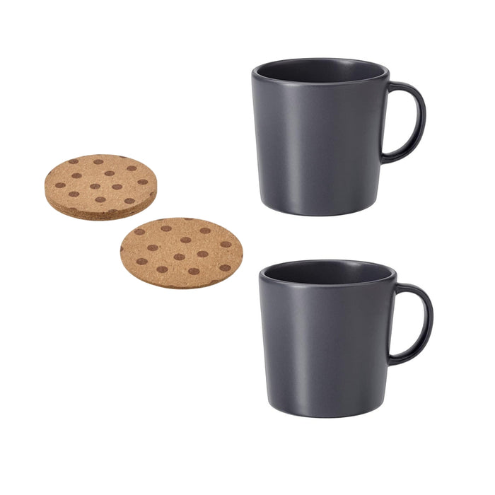 Ikea DINERA Mug, Dark Grey 30 cl (2 Pieces) with Coaster, Cork/Dotted, 10 cm (4 ") (4 Pack)