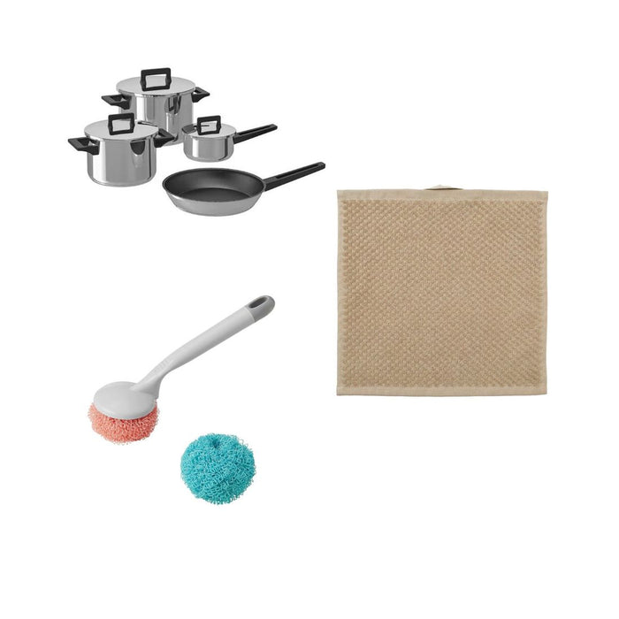 IKEA SNITSIG Cookware Combo – 7pc Stainless Steel Pot with lid with Brush, Sponge & Beige Wash cloth