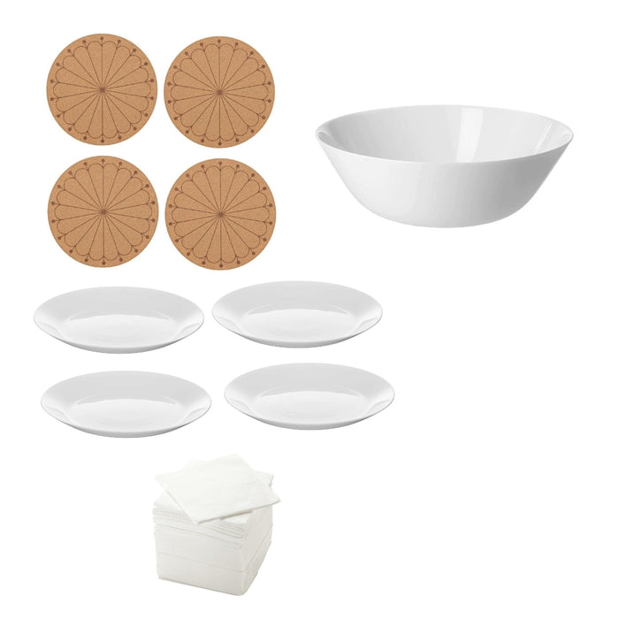 IKEA Dining Set with Serving Bowl, Side Plates, Cork Place Mats, and Paper Napkins, White, 10 Piece