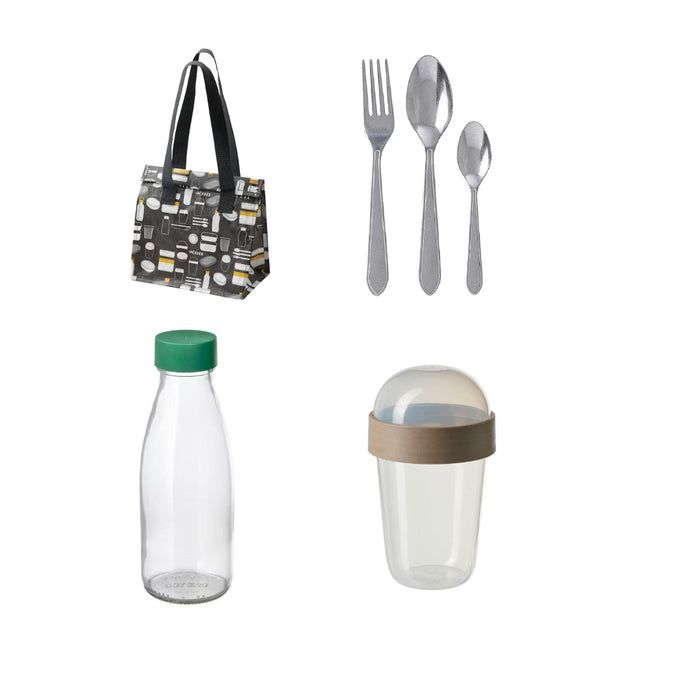 Ikea Lunch Set with Insulated Bag, Stainless Steel Cutlery (12 piece), Glass Water Bottle(500 ml), and Snack Cup (300 ml)
