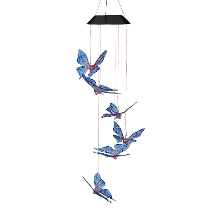Hanging mobile with blue butterfly-shaped decorations, suspended from a black circular top. The butterflies vary in size and are arranged at different heights, creating a cascading effect. Suitable for garden or indoor décor, adding a whimsical and delicate touch to any space.