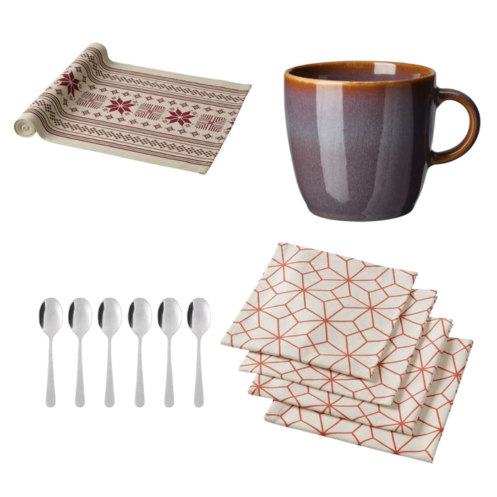IKEA VINTER Table-Runner, Stripe Pattern Beige/red 35x130 cm.with Mug, lilac, 42 cl and Coffee Spoon Stainless Steel, 11 cm - Pack of 6 and cloth Napkin, White/Printed, 45x45 cm (18x18) ( pack of 4)