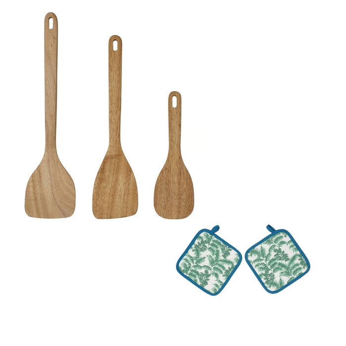 IKEA MAJFISK 3-piece kitchen utensil set, acacia with SILVERPOPPEL Pot Holder, Patterned, Green Blue, 23x23 cm (9x9) - 2 Pack.