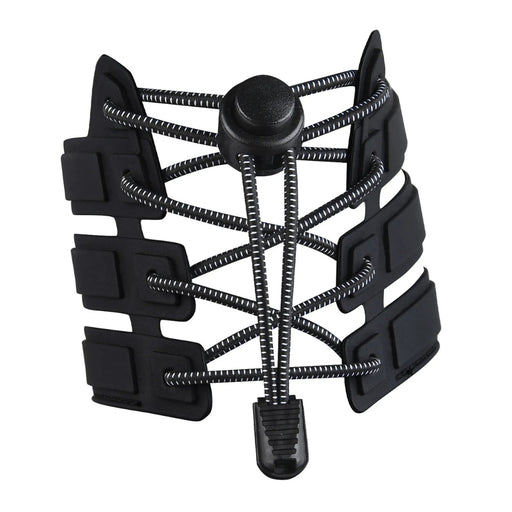 Digital Shoppy Close-up of Black elastic no-tie shoelace system with central locking button and end cap