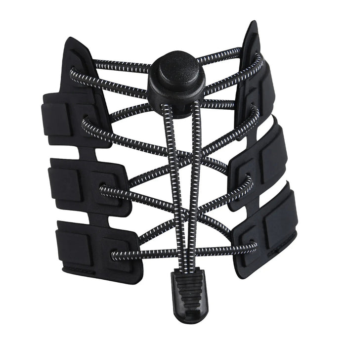 Digital Shoppy Close-up of Black elastic no-tie shoelace system with central locking button and end cap