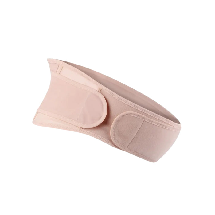 Beige maternity waist and abdomen support belt designed for pregnant women. Features adjustable straps and breathable fabric for enhanced comfort and stability.