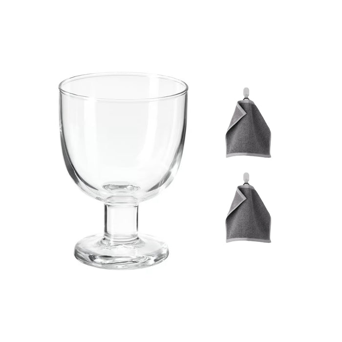 IKEA FRUKTDUVA Goblet, Clear Glass 27cl | Wine & Cocktail Glass with washcloth, grey, 30x30 cm ( 2 pack )