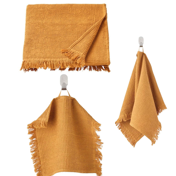 IKEA VALLASÅN bath towel dark yellow 70x140 cm withHand towel, 40x70 cm with Washcloth, 30x30 cm