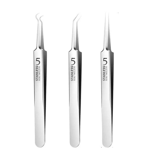 Three pairs of silver tweezers with 'Stainless Steel' label on a white background