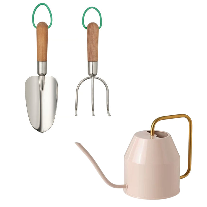 IKEA LÄRKAR 2-Piece Gardening Set, Birch/Stainless Steel Large with VATTENKRASSE Watering can, Pale Pink/Gold-colour0.9 l