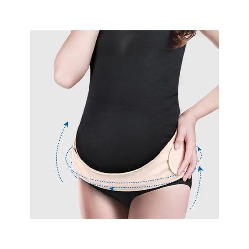 Beige maternity waist and abdomen support belt for pregnant women. Provides gentle compression and stability to relieve back pressure, enhance comfort, and support posture.-