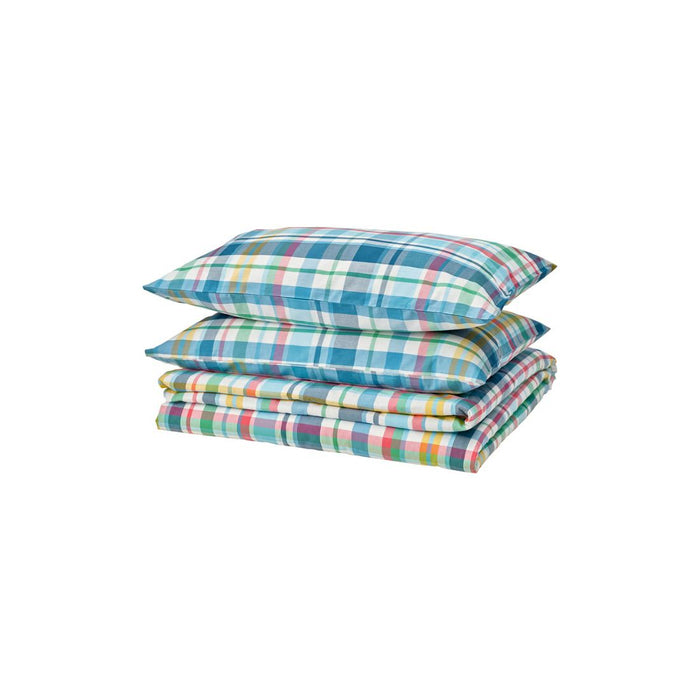 Colorful plaid bedding set on a white background