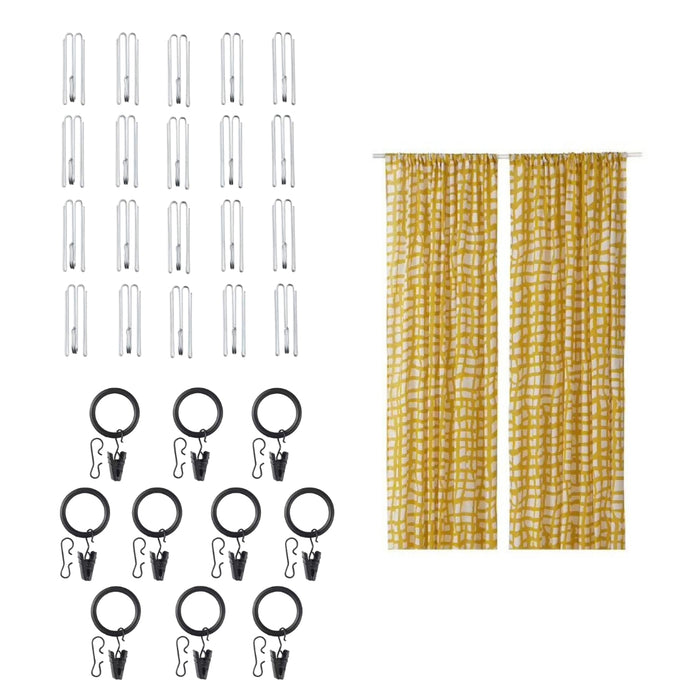 IKEA AMBRATRÄD Curtains, 1 pair, check/yellow, 145x150 CM with  SYRLIG Curtain ring with clip and hook, black, 25 mm and RIKTIG Curtain hook20 pack