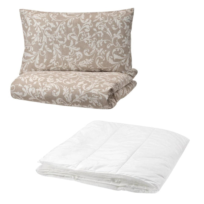 Folded IKEA VÅRBRÄCKA Duvet Cover and Pillowcase Set in Beige/White floral pattern on the left, and a folded white duvet on the right. Cozy and stylish bedding-00412614, 10424225