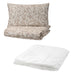 Folded IKEA VÅRBRÄCKA Duvet Cover and Pillowcase Set in Beige/White floral pattern on the left, and a folded white duvet on the right. Cozy and stylish bedding-00412614, 10424225