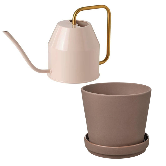 IKEA VATTENKRASSE Watering can, pale pink/gold-colour0.9 l with KLARBÄR Plant pot with saucer, in/outdoor brown, 12 cm