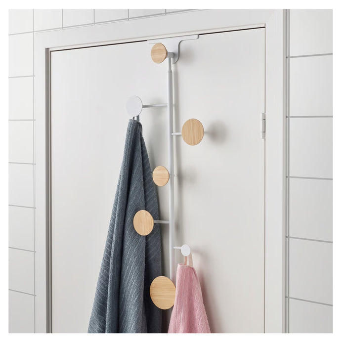 : IKEA BÄRFIS door hanger holding towels and clothes mounted vertically