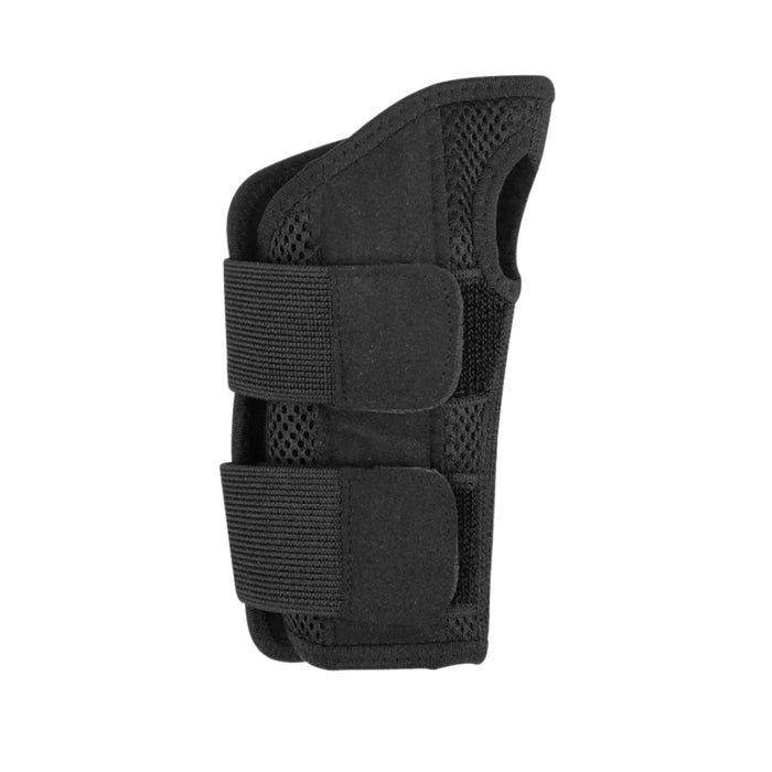 A black wrist strap designed for sports compression and injury protection, tailored specifically for the right hand. The strap features adjustable Velcro fasteners for a secure fit, breathable mesh fabric for enhanced comfort, and sturdy construction to support recovery from sprains, fractures, or other wrist injuries. Ideal for sports and daily use.-1598445819031