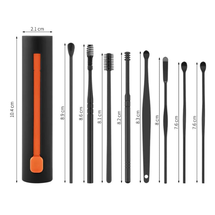 Set of black makeup brushes with measurements on a white background