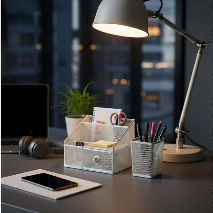IKEA DRÖNJÖNS Desk Management Set: Multi-Compartment Organiser & Mesh Pen Cup - White