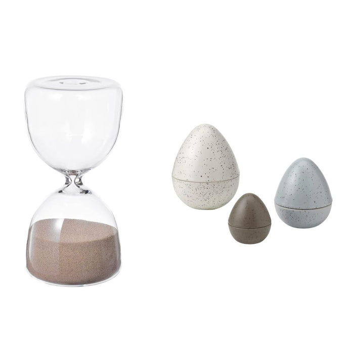 IKEA EFTERTÄNKA Decorative hourglass, clear glass/sand15 cm (6 ") with Decoration set of 3, egg brown/grey/white