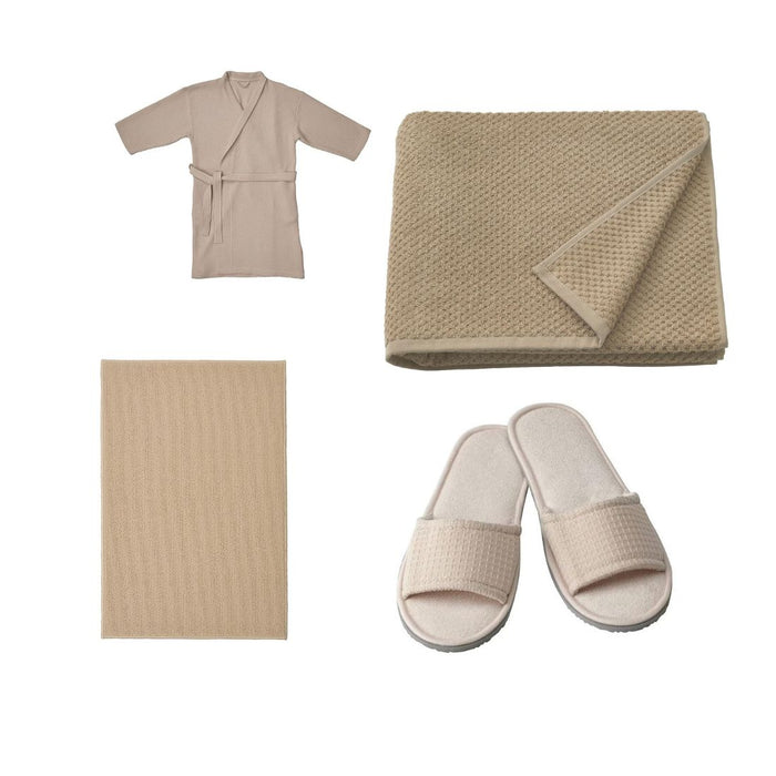 IKEA Beige Bathroom Essentials Set – Bath Mat 40x60 cm, Bath Towel 70x140 cm, Bath Robe & Slippers (L/XL)