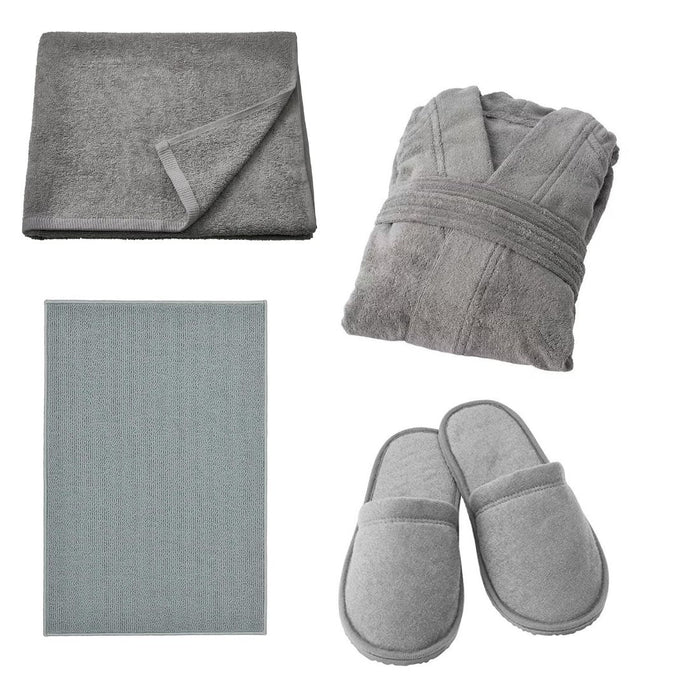 IKEA Grey Bathroom Essentials Set – Bath Mat 40x60 cm, Bath Towel 70x140 cm, Bath Robe & Slippers (L/XL)