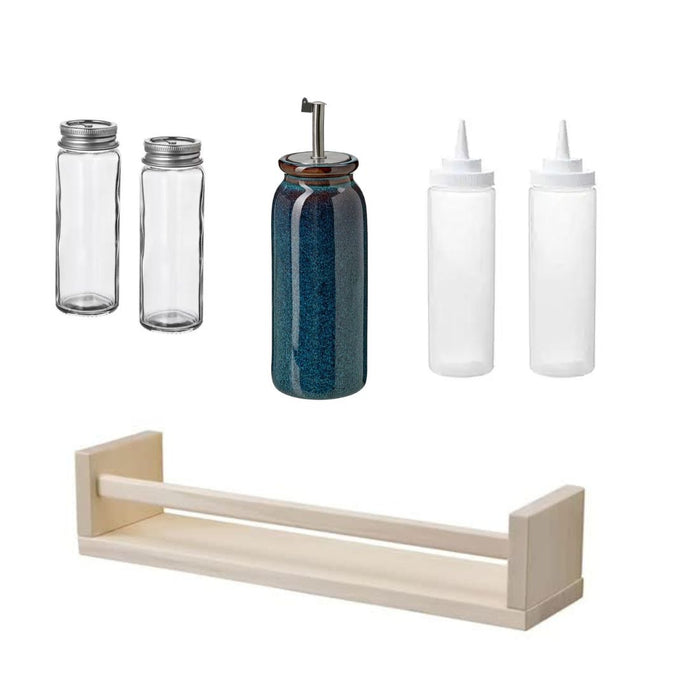 IKEA Spice Rack Set – Aspen Wood Rack with Oil/Vinegar Bottle, Squeeze Bottles & Salt & Pepper Shakers