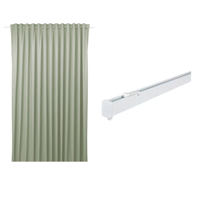 IKEA BENGTA Block-out curtain, 1 piece, green/with heading tape, 210x250 cm with VIDGA Single track rail, included ceiling fittings/white140 cm