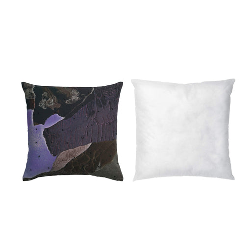 Decorative pillow with abstract design on the left and a plain white pillow on the right, on a white background.