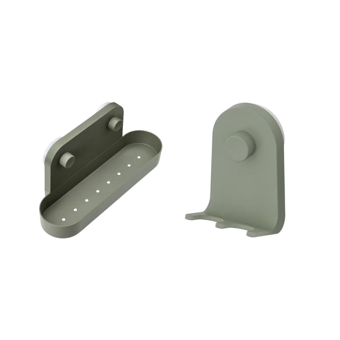 Ikea ÖBONÄS Wall shelf with suction cup, grey-green, 28 cm (11 ") with Triple hook with suction cup, grey-green, 7x11 cm (2 ¾x4 ¼ ")