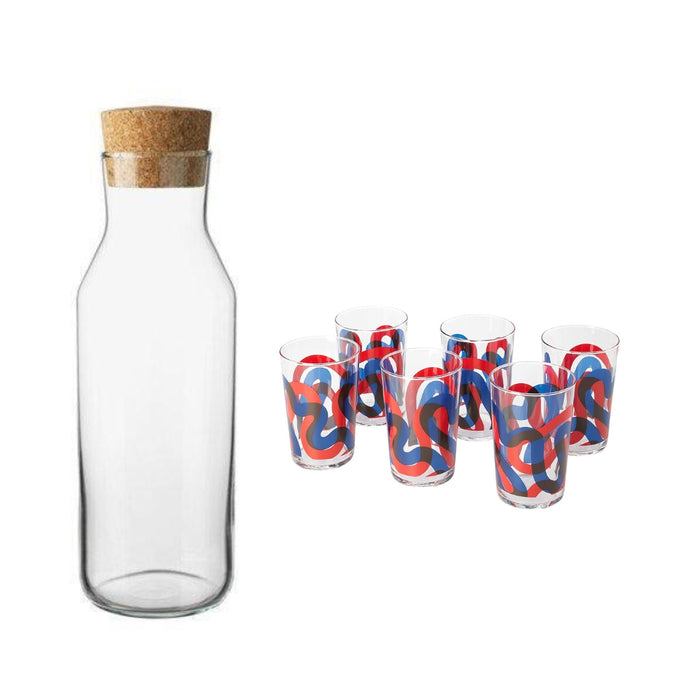 IKEA  Carafe with stopper, clear glass/cork,1 L with Glass Set, Patterned, 30cl (10oz) - Pack of 6