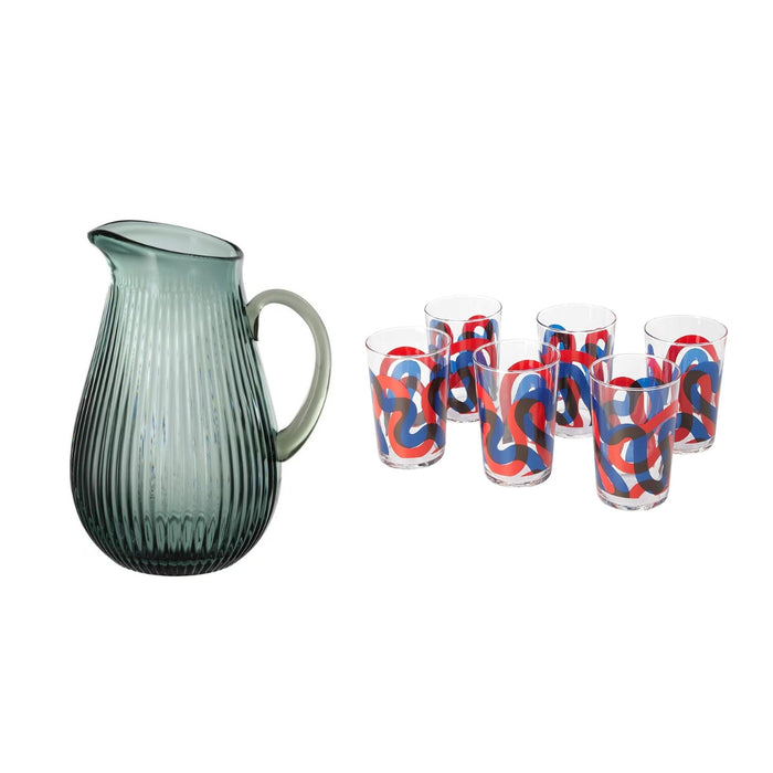 IKEA VARDAGEN Jug, patterned/dark grey-green, 2 l  with Glass Set, Patterned, 30 cl  - Pack of 6