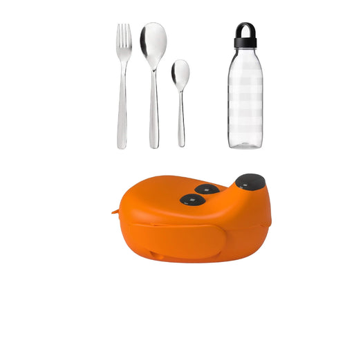 Orange portable kitchen set with cutlery and water bottle on a white background
