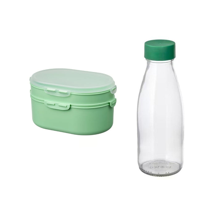 IKEA UTBJUDA Stackable lunch box for dry food, light green with Water bottle, clear glass/green, 0.5 l