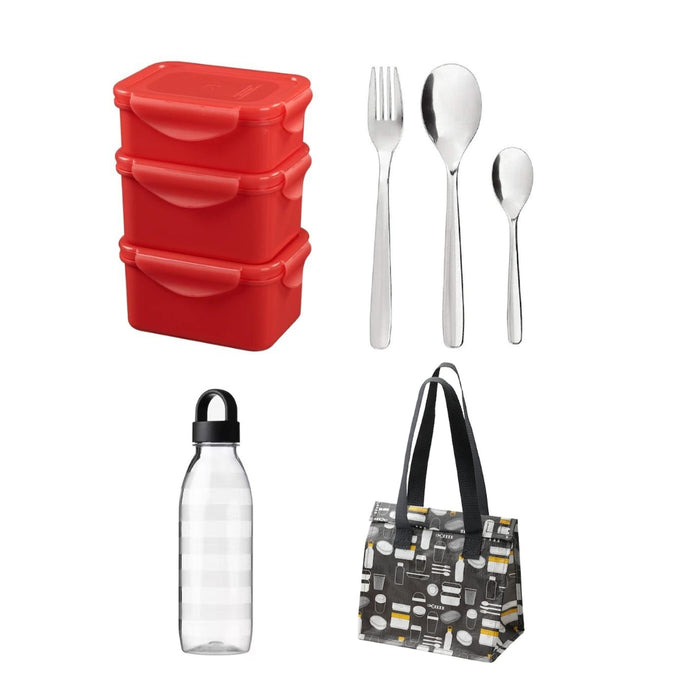 IKEA  lunch box combo ( stackable red lunch boxes, plastic water bottle 0.7 L, stainless-steel cutlery ( 12 pieces ), and lunch bag