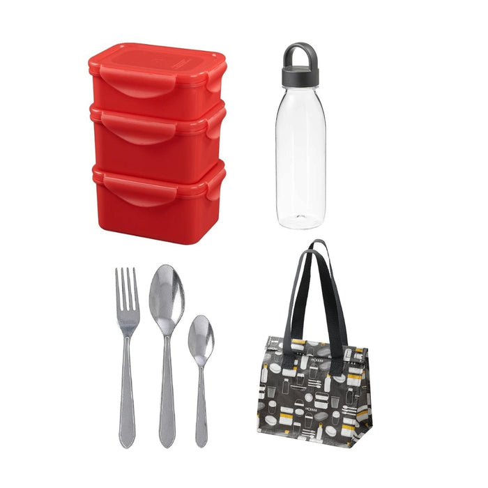 IKEA  lunch box combo ( stackable red lunch boxes, plastic water bottle 0.5 L, stainless-steel cutlery ( 12 pieces ), and lunch bag