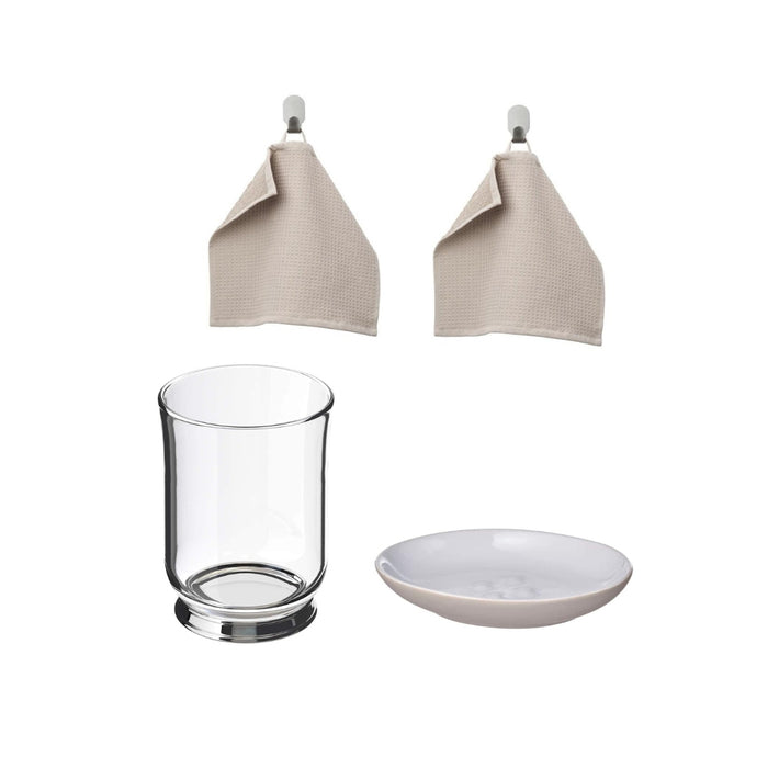 IKEA BALUNGEN Mug, Glass Toothbrush Holder Multipurpose Organizer with Soap Dish, Beige and Washcloth, Dark Beige, 30x30 cm (12x12), Pack of 2
