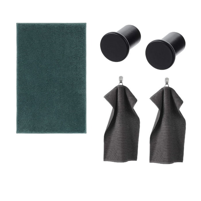 IKEA Bathroom Accessories Set, Black Wall Hooks, Bath Mat Dark Grey-Blue, 50x80 cm, Grey Hand Towels, 5-Piece Collection