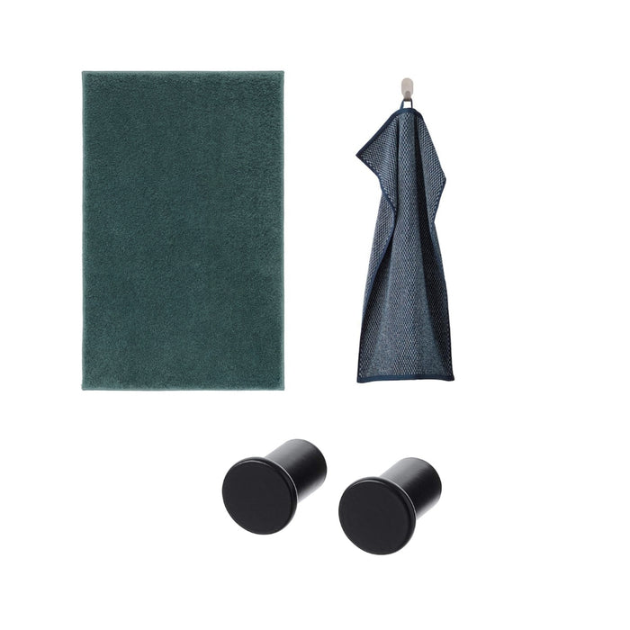 Ikea Bath mat, Dark Grey-Blue, 50x80 cm with Hand Towel, Dark Blue, 40x70 cm and Hook, Black (2 Pieces)
