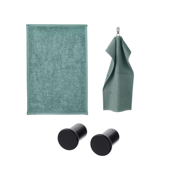 Ikea Bathroom Accessories Set, Includes Bath Mat Turquoise, 40x60 cm, Hand Towel Grey-Turquoise, 40x70 cm, 2 Black Wall Hooks